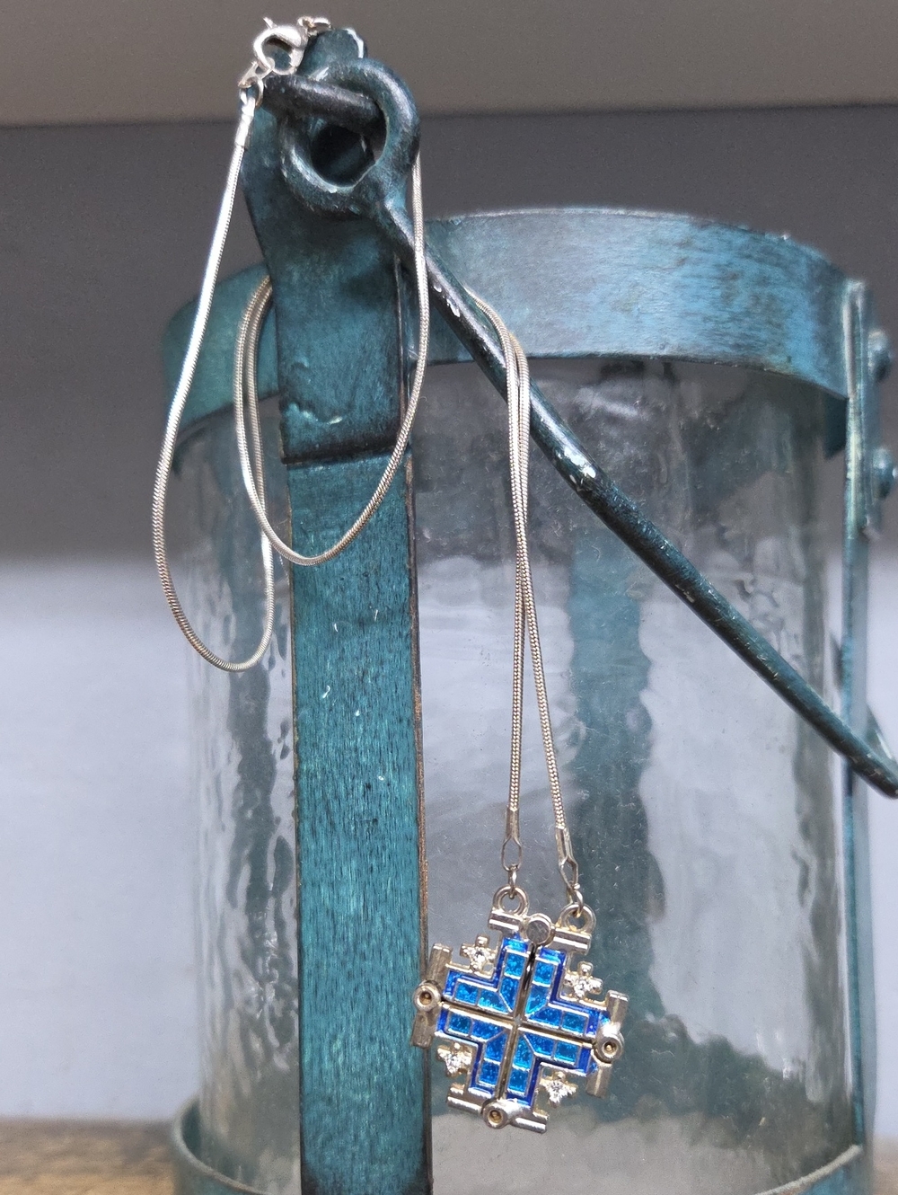 Silver Jerusalem Cross Necklace With Blue Opal Inlay